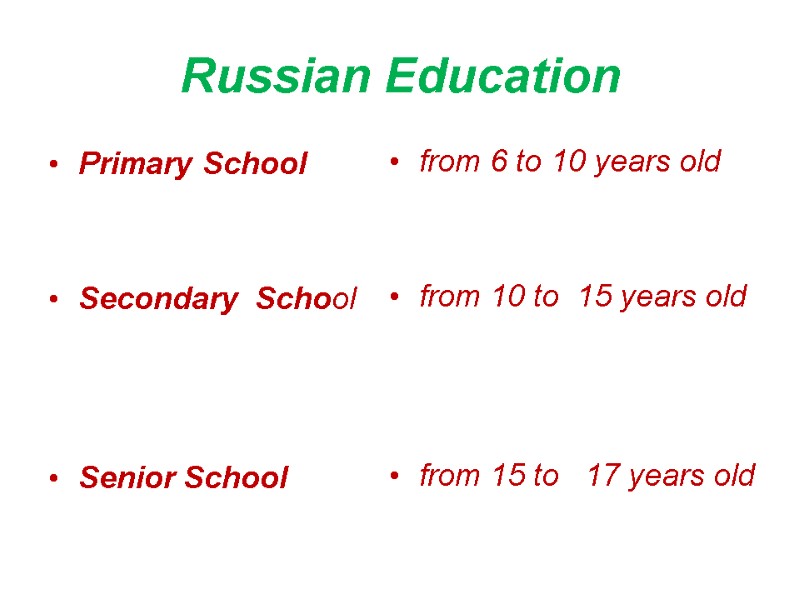 Russian Education Primary School   Secondary  School    Senior School